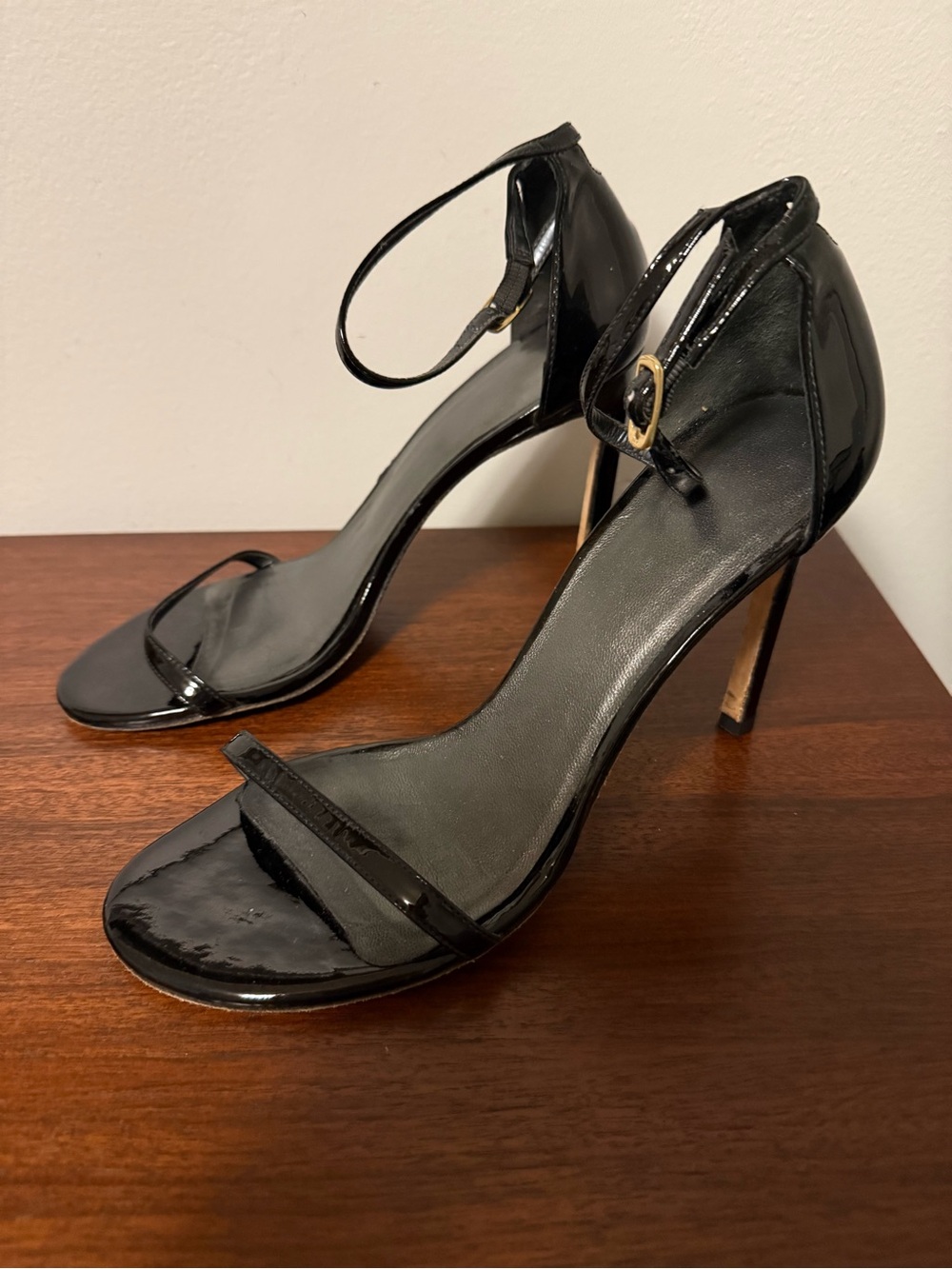 Stuart Weitzman Black Patent Ankle-Strap Stiletto Sandals
